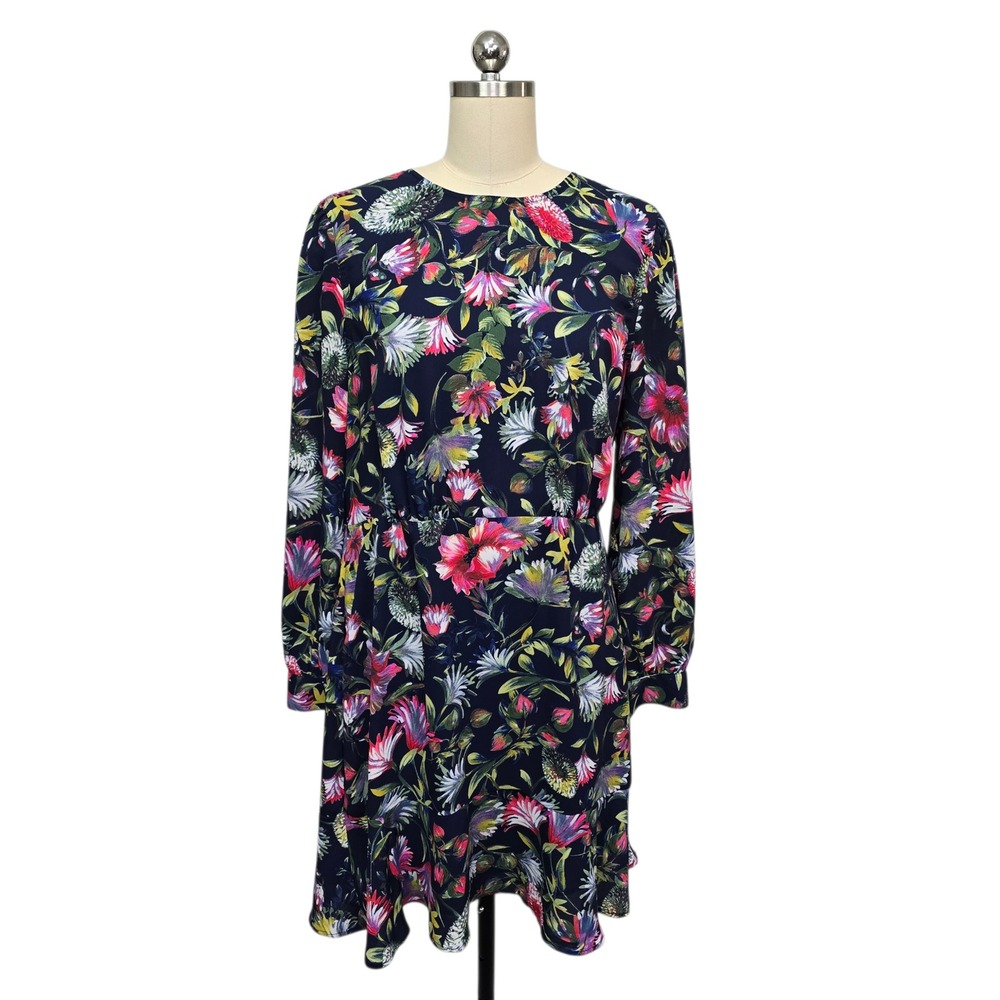 J.Crew Navy Blue Floral Ruffle Hem Long Sleeve Dress Women's‎ Size 12